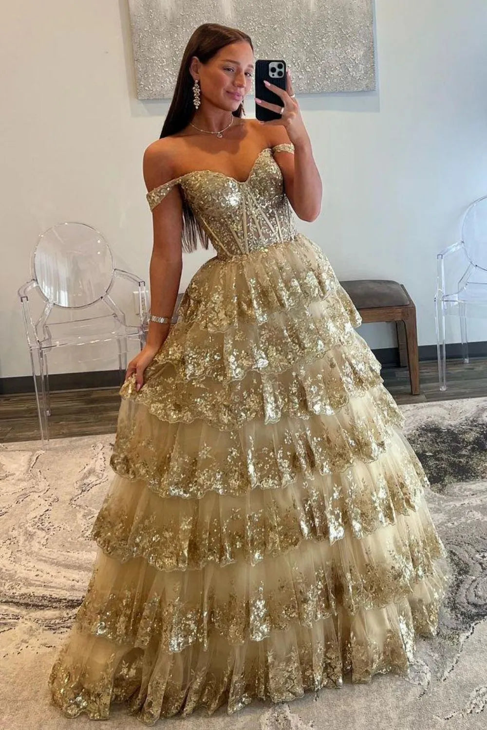 Wholesale Gorgeous Gold A-Line Off The Shoulder Lace Up Long Prom Dress with Sequin long prom dresses with sleeves